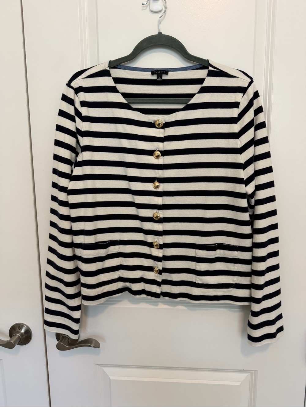 Talbots Navy and Cream Striped Button-Front Cardigan